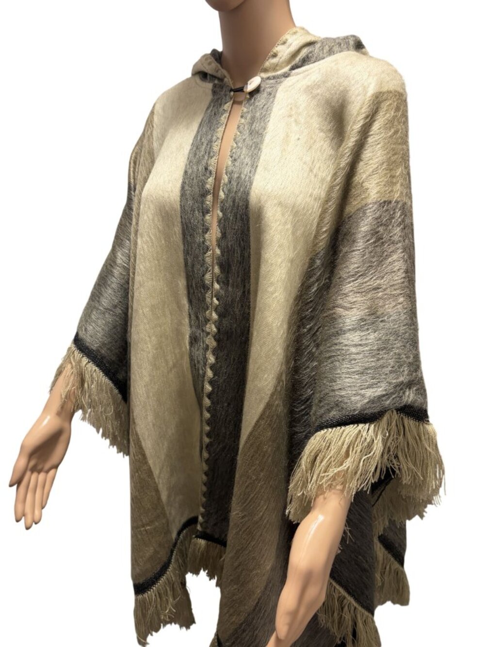 Alpaca Wool Blend Open Poncho with Hoodie One Size - Picture 2 of 3